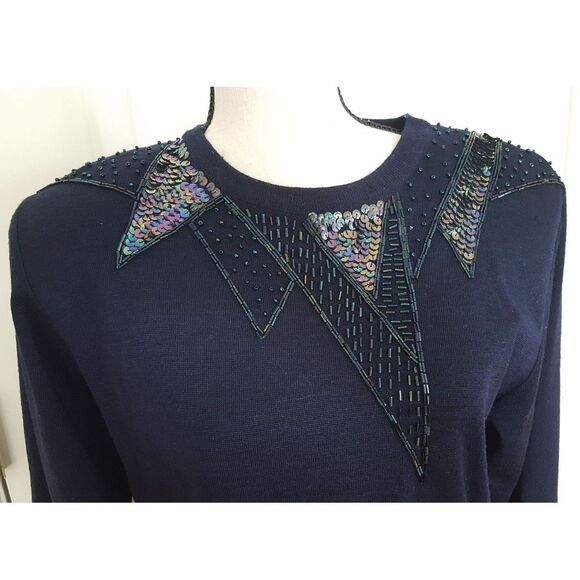 Liz Claiborne‎ Vtg. Knit Sweater Navy Sequin Pullover Geometric 90s Sm, Y2k Glam - Picture 2 of 9